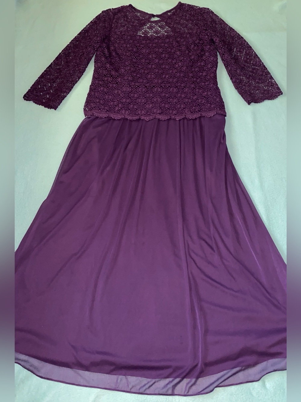 R&M Richards chiffon maxi gown crocheted floral lace attached overlay size 16